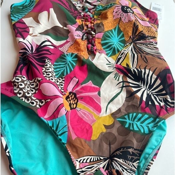 BLEU BY ROD BEATTIE  Lace-Up Over-the-Shoulder Swimsuit Jungle Book Floral 14 - Picture 13 of 15